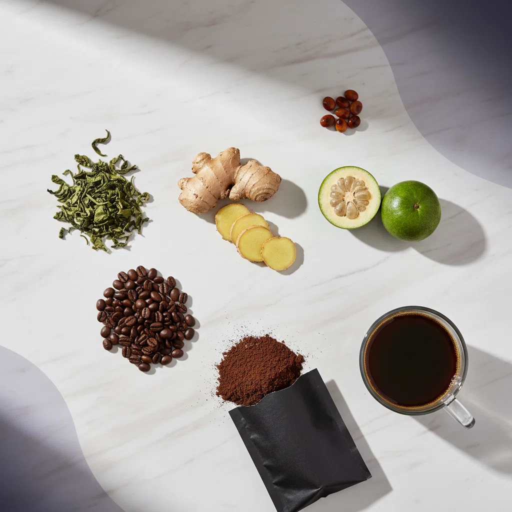 Green tea and guarana food supplement ingredients - green tea leaves, guarana seeds, ginger root and garcinia cambogia on white marble surface