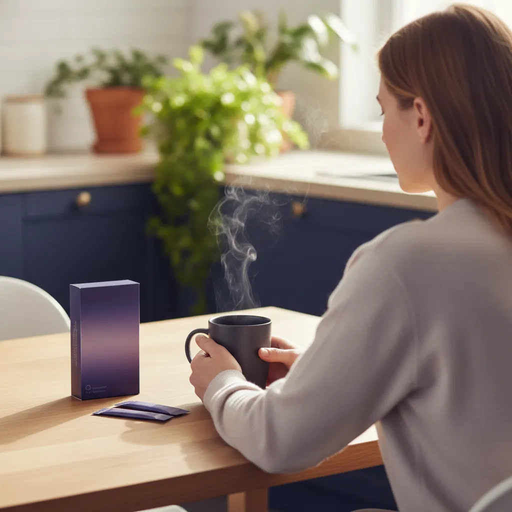 Anonymous person at a bright kitchen table with a mug of Wellaray Coffee and supplement sachet box - morning wellness routine UK